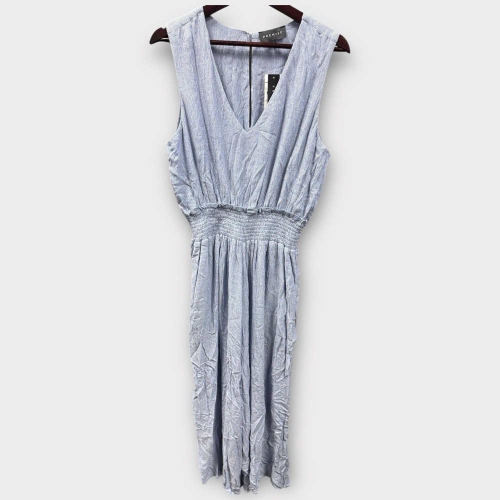 NWT Premise L Soothing Sea Blue Sleeveless Smocked Wide Leg Jumpsuit - Picture 3 of 9